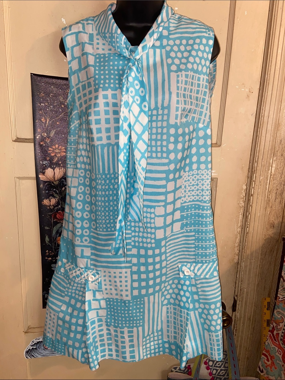 60s VTG BLUE & WHITE MINI DRESS Shift Loose AMAZING!! HOBNOBBER Dots & Squares